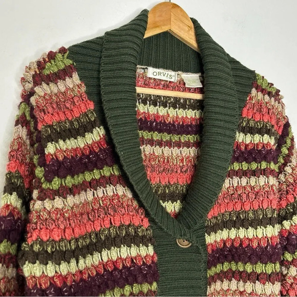 Orvis Vintage Y2K Green Pink Striped Wide Sleeve Collard Knit Cardigan Size S - Picture 2 of 8